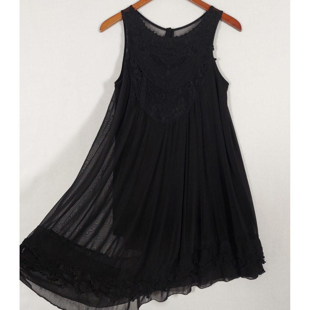 Black Lace Swing Dress Sleeveless Mesh Sheer Overlay Trapeze Boho Goth S